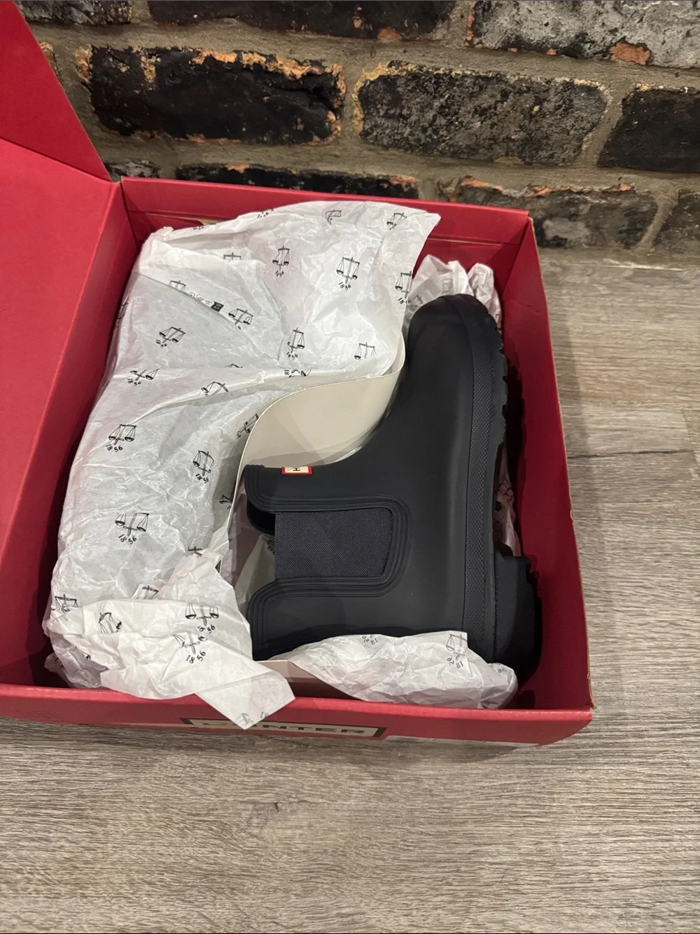 Hunter Black Original Chelsea Short Rain Boot with Red Logo